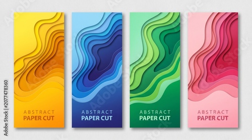 Set of abstract paper cut banners with colorful wavy layers