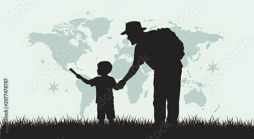 Silhouette of an adult man with a backpack holding hands with a young boy pointing forward, set against a light world map background with stars and a grassy field in the foreground.