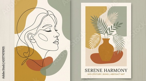 Boho Abstract Poster Set with Elegant Woman Line Art and Botanical Vase Illustration