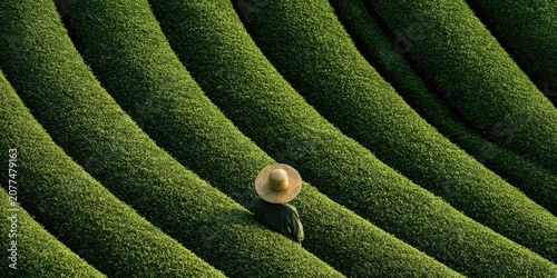 Solitary figure in a conical hat surveys undulating green rows of crops