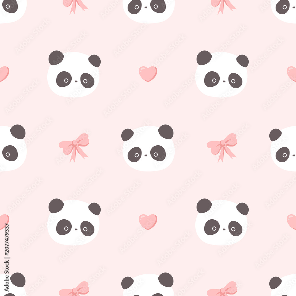 Fototapeta premium Sweet panda face seamless pattern, cute bear with pink heart and bow background for nursery wallpaper