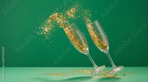 Two champagne glasses with gold glitter splashing on green background