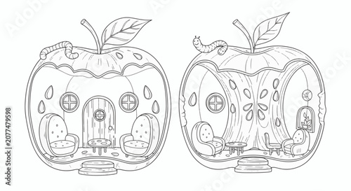 Black and white line art illustration featuring two cross-section interior views of a whimsical apple core house with furniture, armchairs, a wooden door, and a worm on the fruit.
