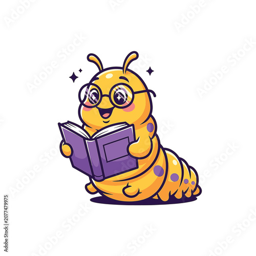 Cartoon illustration of a yellow caterpillar wearing round glasses and reading a purple book. Kawaii bookworm character with purple spots isolated on a plain white background.