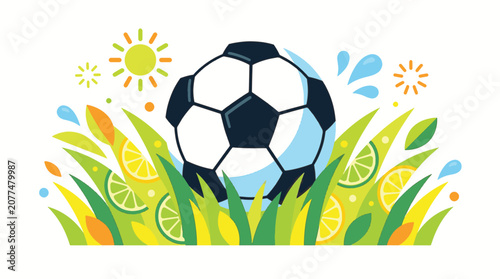 Vibrant vector illustration of a black and white soccer ball nestled in green grass, featuring yellow citrus slices, a bright sun, and blue water droplets on a white background.