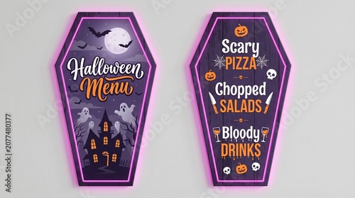 Halloween menu design in coffin shaped frames with spooky illustrations