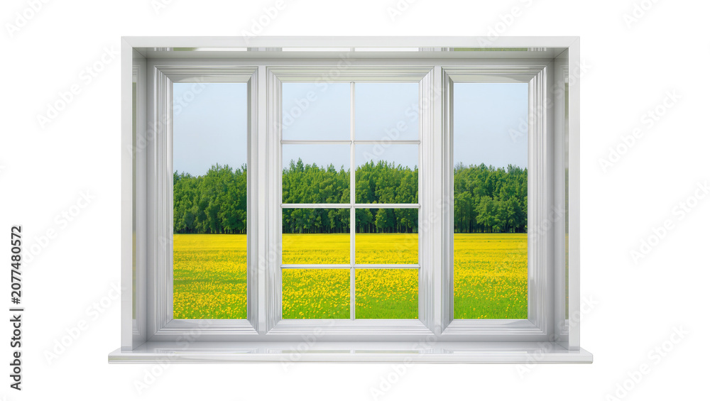 Fototapeta premium White casement window overlooking a yellow flower field and green forest