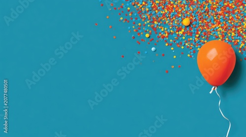 Vibrant Orange Balloon Floating Amidst Colorful Confetti Explosion.