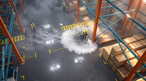 Fotografie Warehouse safety training with workers in protective equipment handling cargo un
