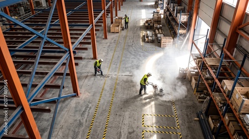 Fotografie Warehouse maintenance workers cleaning concrete floor in industrial warehouse wi