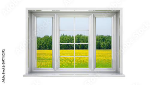 Cuadro en lienzo White casement window overlooking a yellow flower field and green forest