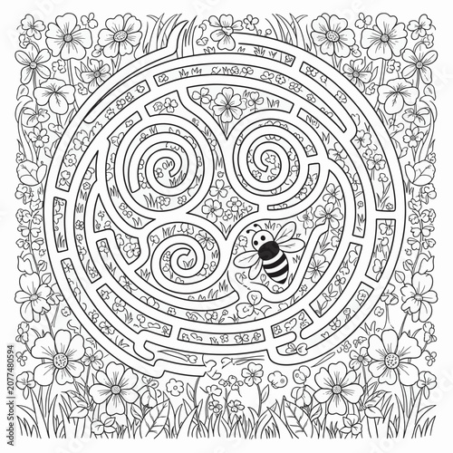 Black and white circular maze puzzle for kids featuring cartoon honey bee in floral garden background with blooming flowers and clover leaves, coloring book page.