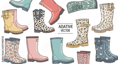 Illustration set of various colorful rubber rain boots featuring polka dots, animal prints, and solid pastel colors, isolated on a white background, autumn and spring footwear.