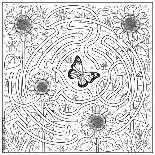 Black and white line art illustration of a circular labyrinth maze for children, featuring blooming sunflowers and tall grass with a monarch butterfly positioned at the center core.