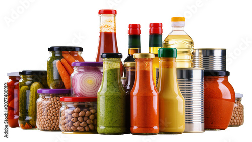 Canvastavla Assorted jars and bottles of pickles sauces oil, and canned goods