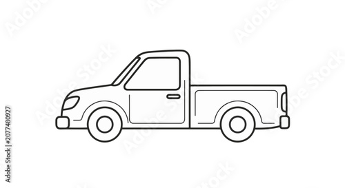 Simple black and white line art illustration of a pickup truck in side profile. Minimalist vector drawing of a small utility commercial vehicle isolated on a white background.