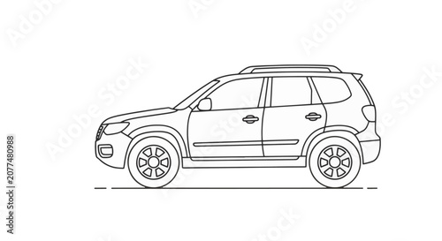 Line art illustration of a modern SUV car from a side profile view. Black and white minimalist vector outline featuring roof rails, alloy wheels, and detailed automotive body lines.