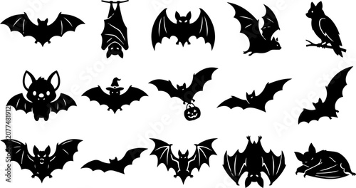 Black silhouette bat collection for halloween designs and spooky decorations