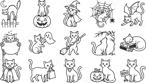 Halloween cats collection line art illustrations for spooky season designs