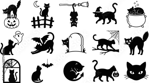 Halloween black cat silhouettes collection with spooky elements