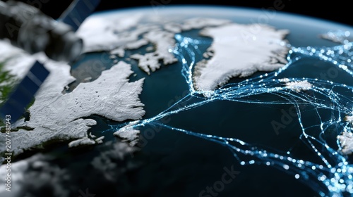 satellites monitoring arctic shipping routes with glowing lines connecting continents, data visualization overlay futuristic global logistics concept