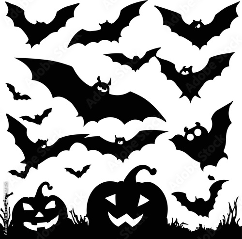 Black cat silhouettes collection diverse poses and halloween elements