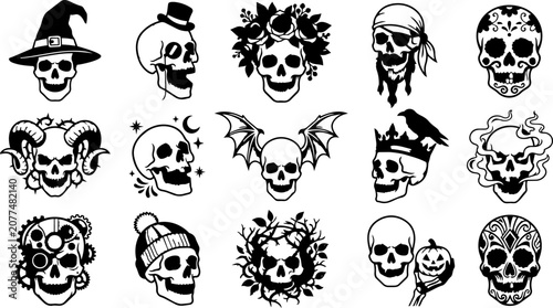 Halloween cat line art collection spooky felines with bats and mystical elements
