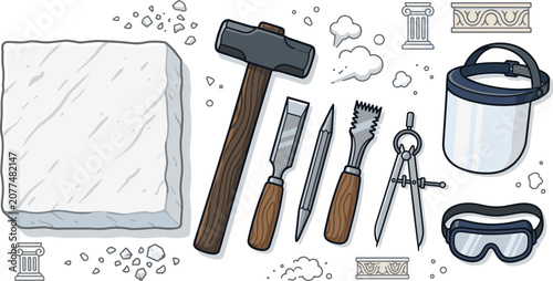 Photos Stone carving vector illustration set featuring marble block mallet hammer chise