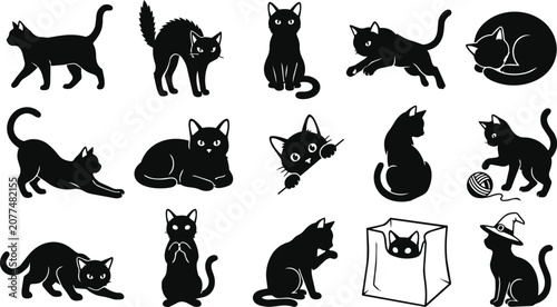 Halloween black cat silhouettes with bats and bare tree branches