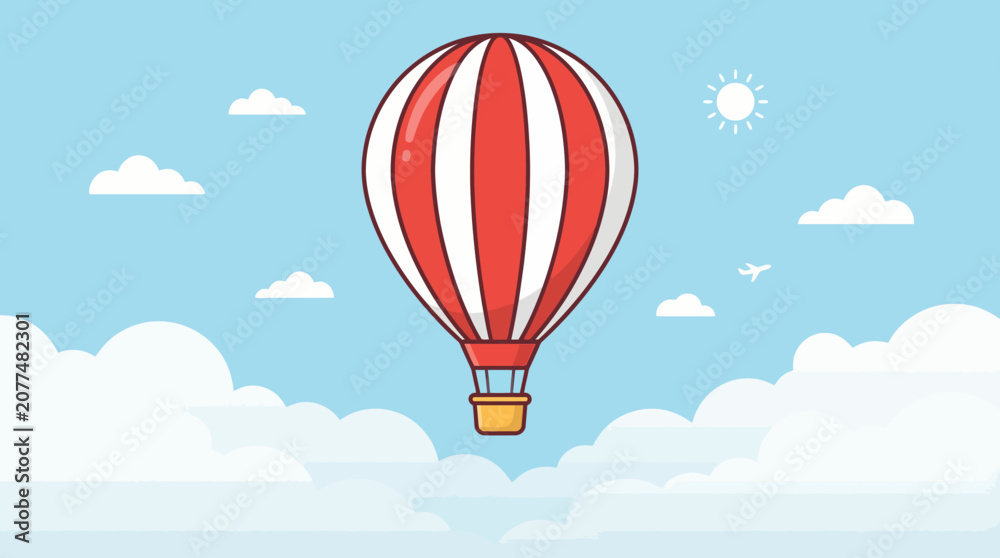Obraz premium Minimalist illustration of a red and white hot air balloon floating among clouds and birds in a calm blue sky