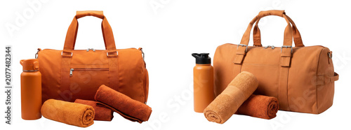 Set of orange gym duffel bags with water bottles and rolled towels isolated on transparent background