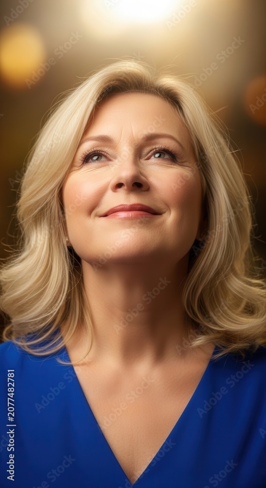 Fototapeta premium Mature woman looking upward with a serene expression wearing blue. Soft golden lighting creates a peaceful atmosphere for menopause wellness.