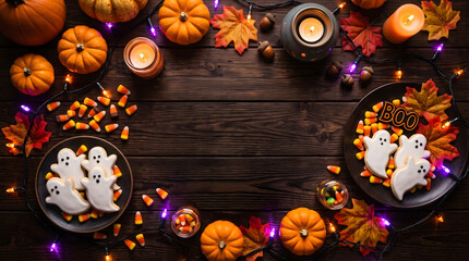 Halloween background with pumpkins, ghost cookies and fairy lights on wooden table.〈ハロウィンの背景画像。木製のテーブルの上に、カボチャ、お化けクッキー、イルミネーションが飾られている〉