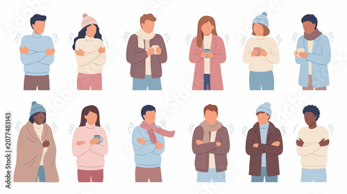 Фотография Diverse group of people shivering and feeling cold in winter clothing
