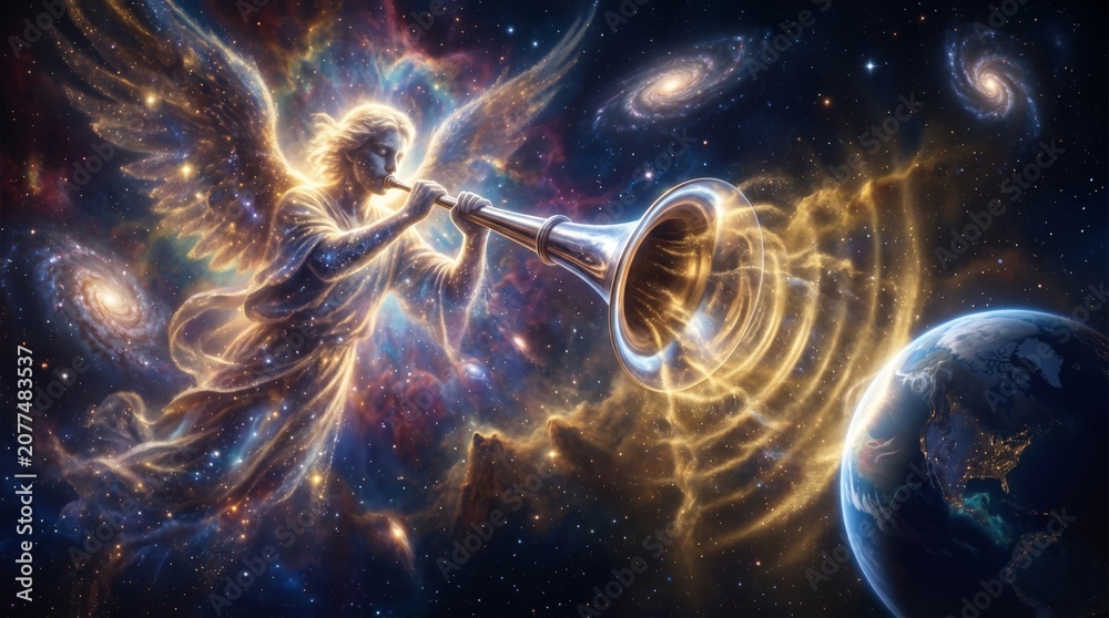 Fototapeta premium Angel playing gold trumpet in deep space near planet Earth. Celestial divine being blowing horn among stars and galaxies. Spiritual religious concept, apocalypse and creation theme.