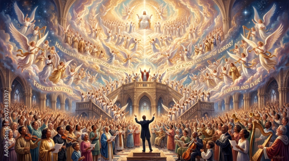 Obraz premium Jesus Christ sitting on a heavenly throne surrounded by angels and a large choir praising him in a cathedral. Religious scene representing salvation, worship, faith and hope for eternity.