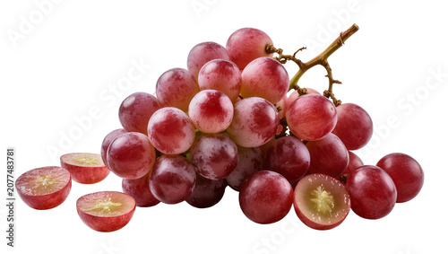 Obraz na plátně Red globe grapes cluster with cut halves showing seeds and pulp