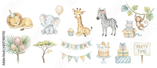Photography Watercolor safari birthday clipart with cute jungle animals and botanical elements