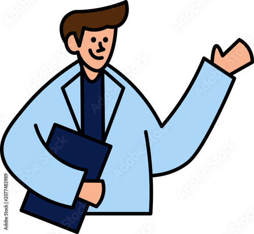 Smiling doctor presenting with clipboard in hand