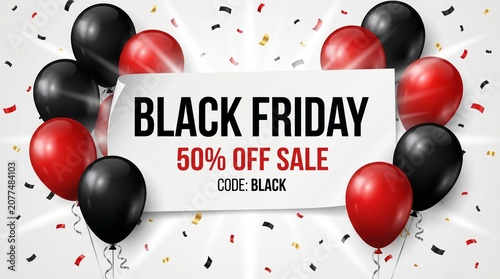 Black friday sale banner with red and black balloons and confetti isolated on white background