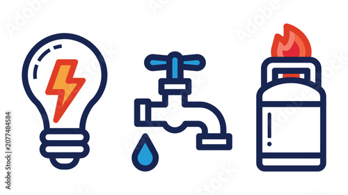 Utility vector icon set of electrical energy water gas supply