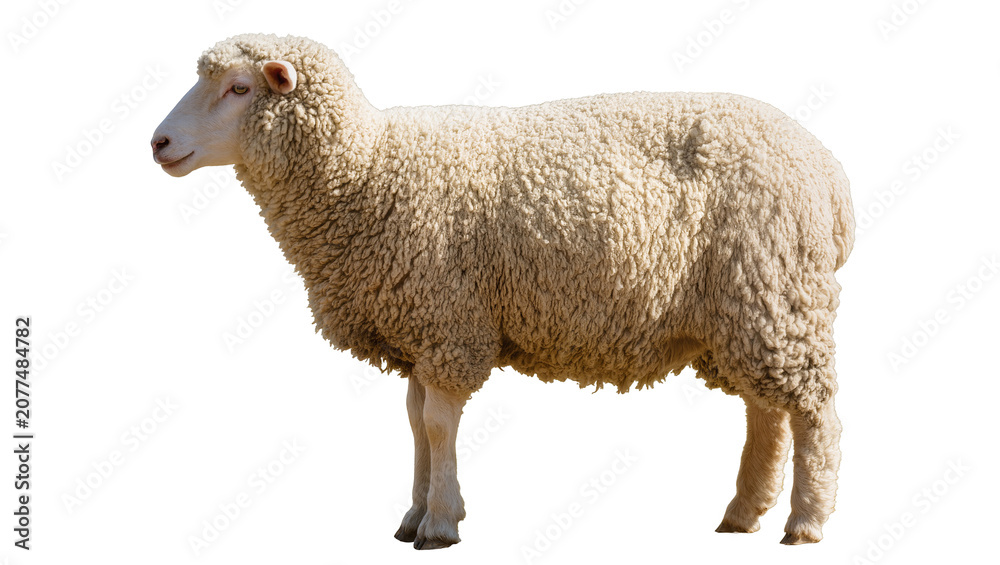Fototapeta premium Fluffy wool sheep standing profile view