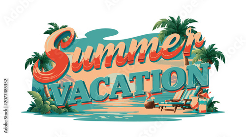 Summer vector typography design with tropical beach scenery