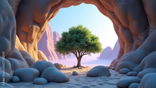 Tranquil Tree in Rocky Canyon with Soft Sunlight and Distant Mountains