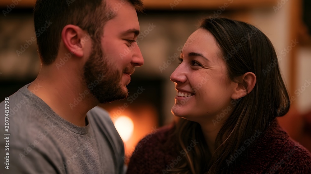 Fototapeta premium A joyful moment of connection captured as two people share a deep emotional gaze in a cozy fireside nook