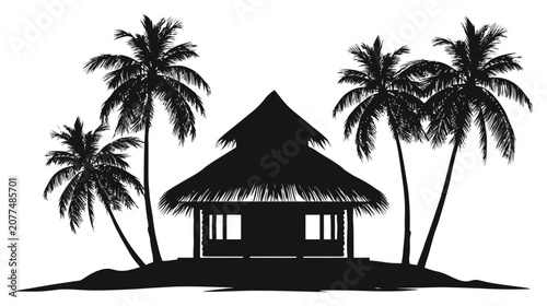 Hut vector drawing of thatched cottage by palm trees