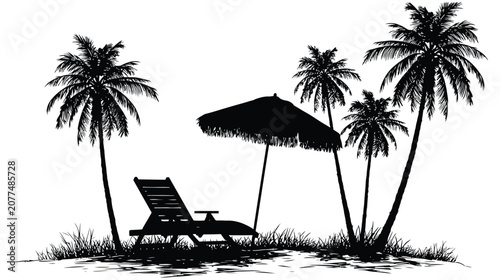 Beach vector graphic of lounge chair under umbrella by palms