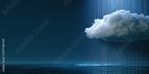 Fluffy white cloud rains onto dark, reflective surface under a deep blue sky