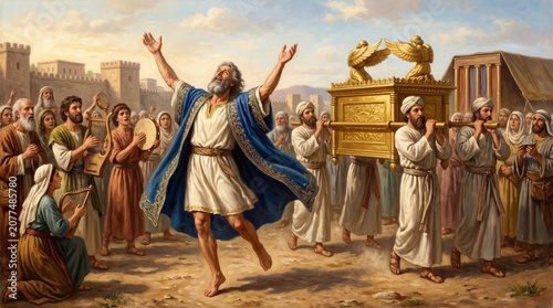 King David dancing before the Ark of the Covenant. Ancient Israelite celebration with musicians and priests transporting sacred gold relic. Biblical historical scene and religious worship.