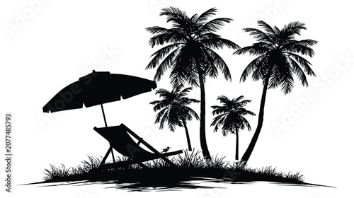 Beach vector icon lounge chair under umbrella by palm trees